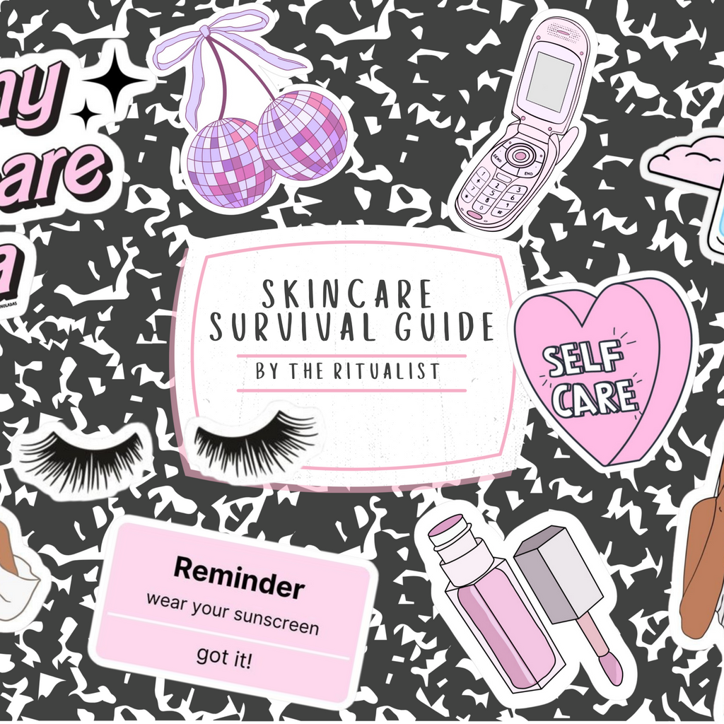 Illustrated skincare products and self-care items with text on a patterned background
